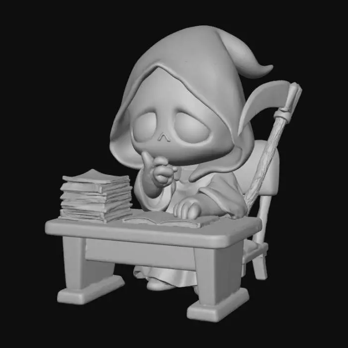 3D model for 3D chibi grim reaper sitting at a tiny desk with a stack of paperwork, resting its chin in hand. Scythe leaning against the chair. Playful slouch, comic tone.
Colors: black cloak, tan desk, silver, pale blue accent.  #Halloween2025#