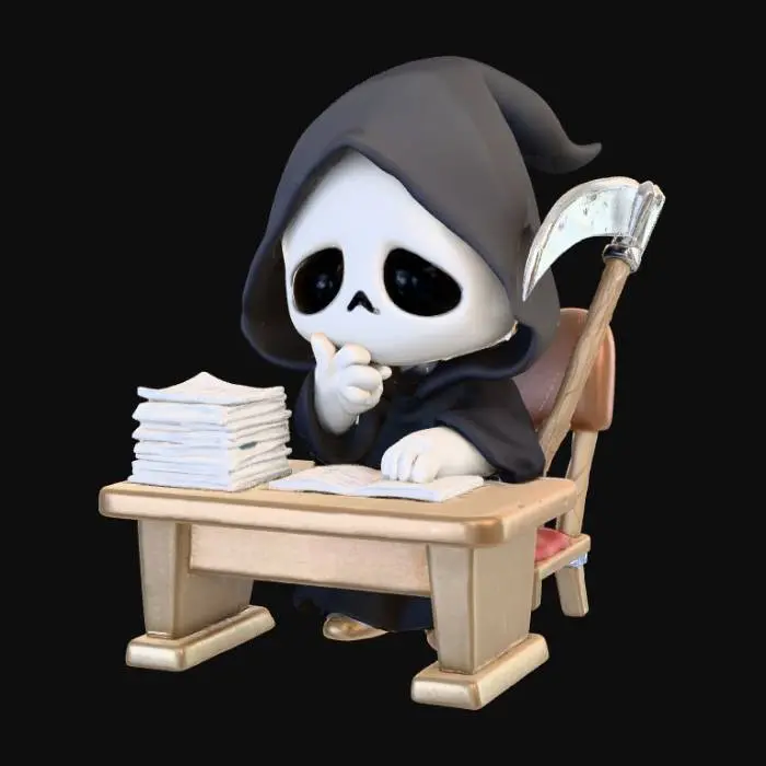 3D model for 3D chibi grim reaper sitting at a tiny desk with a stack of paperwork, resting its chin in hand. Scythe leaning against the chair. Playful slouch, comic tone.
Colors: black cloak, tan desk, silver, pale blue accent.  #Halloween2025#