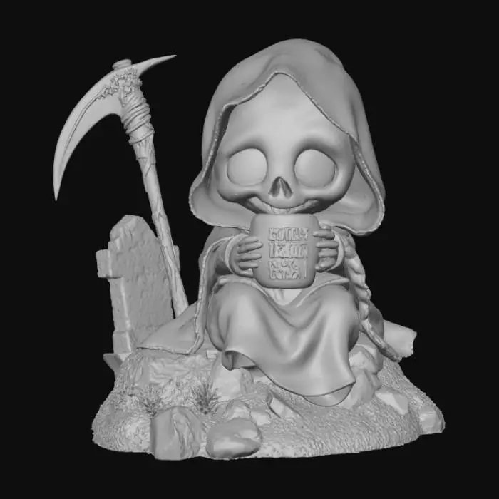 3D model for 3D chibi grim reaper sitting on a gravestone, sipping coffee from a “Death Before Decaf” mug. Scythe rests beside it, steam rising from the cup. Playful grin, soft lighting.
Colors: black cloak, gray stone, white mug, red accent., #Halloween2025#