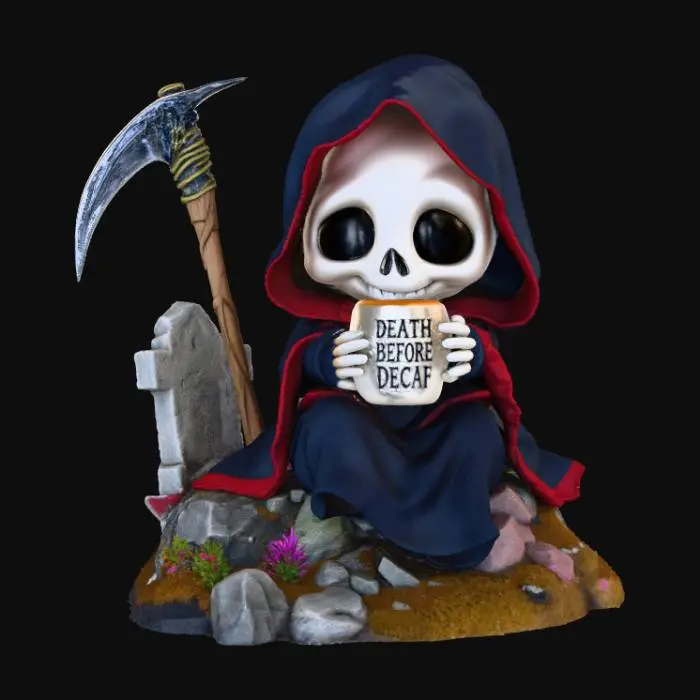 3D model for 3D chibi grim reaper sitting on a gravestone, sipping coffee from a “Death Before Decaf” mug. Scythe rests beside it, steam rising from the cup. Playful grin, soft lighting.
Colors: black cloak, gray stone, white mug, red accent., #Halloween2025#