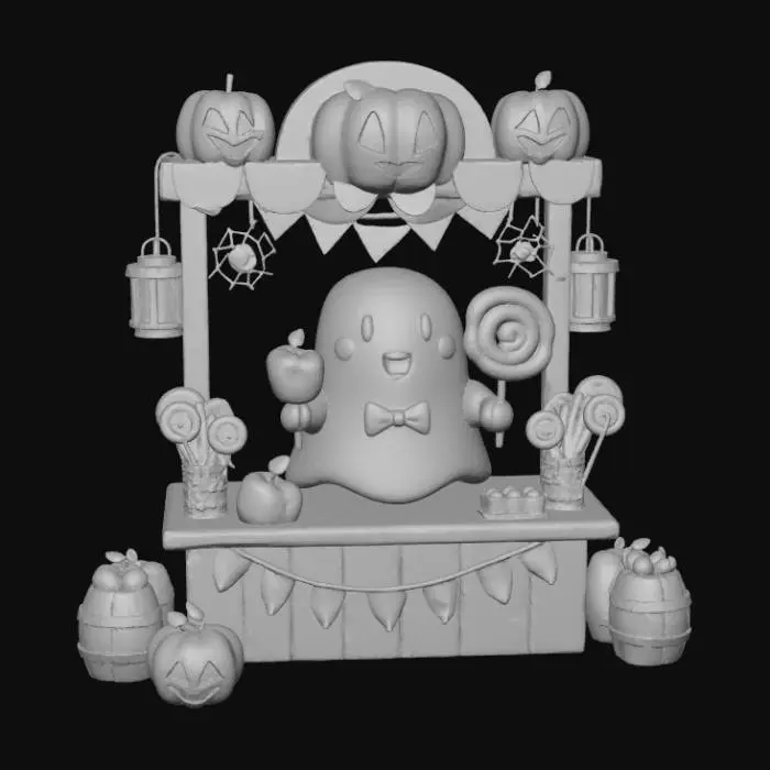 3D model for hibi Halloween carnival candy booth with a smiling ghost vendor offering candy apples and lollipops. Rounded 3D toy-like proportions, thick details, warm lighting, limited palette, transparent background. , #Halloween2025#