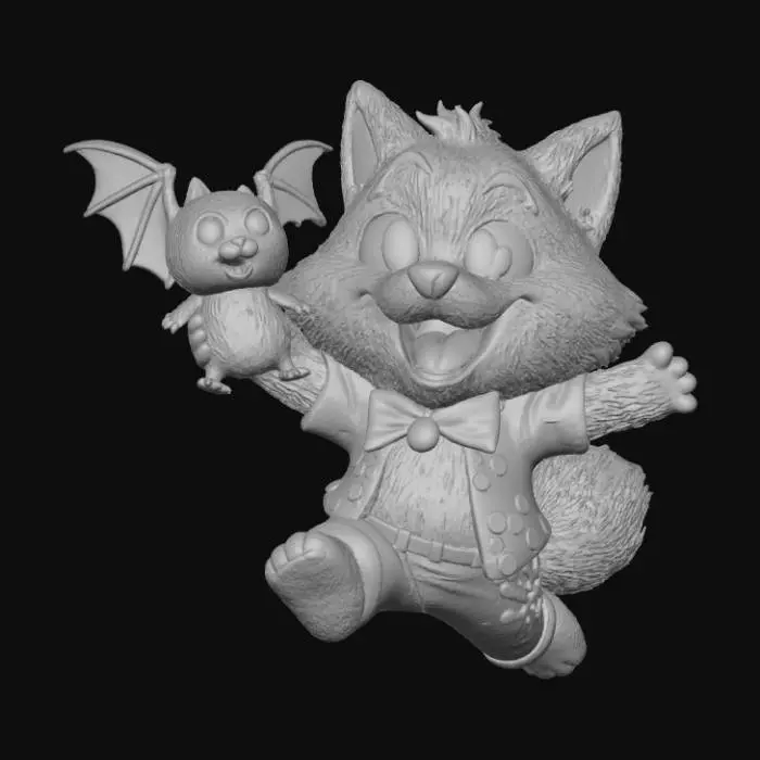 3D model for Chibi werewolf jumping excitedly with a plush bat toy prize from a carnival game. Rounded 3D proportions, thick toy-like details, soft lighting, playful pose, transparent background. , #Halloween2025#