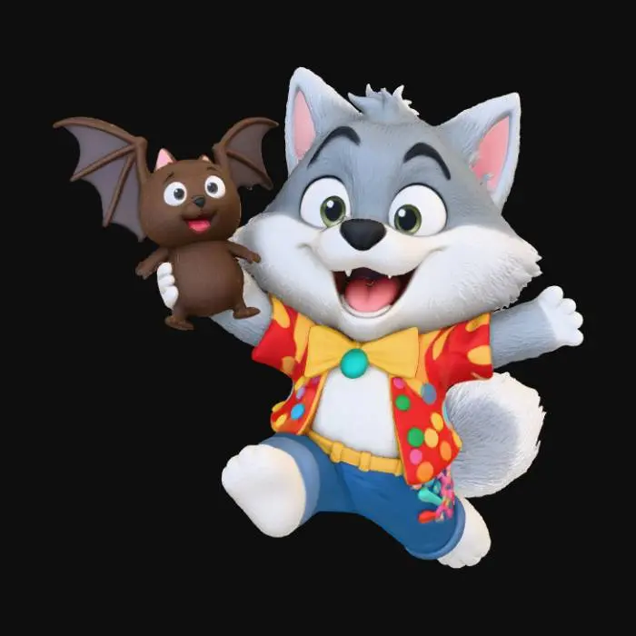 3D model for Chibi werewolf jumping excitedly with a plush bat toy prize from a carnival game. Rounded 3D proportions, thick toy-like details, soft lighting, playful pose, transparent background. , #Halloween2025#