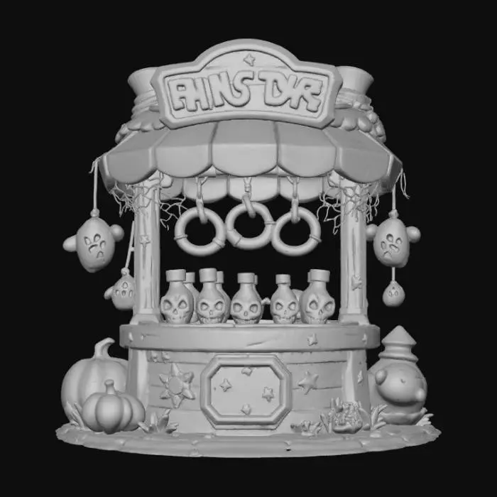 3D model for Chibi-style Halloween carnival game stall, ring toss with skull bottles and ghost prizes. Rounded toy-like 3D aesthetic, bright but limited color palette, stylized details, transparent background. , #Halloween2025#