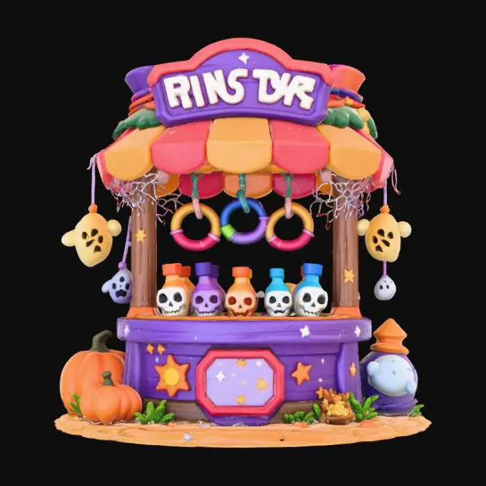 3D model for Chibi-style Halloween carnival game stall, ring toss with skull bottles and ghost prizes. Rounded toy-like 3D aesthetic, bright but limited color palette, stylized details, transparent background. , #Halloween2025#