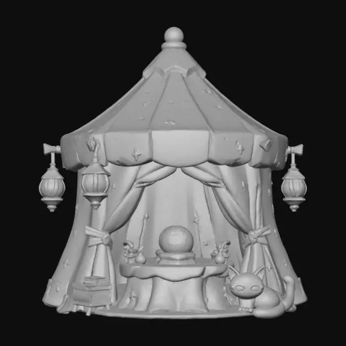 3D model for Chibi Halloween fortune teller tent with glowing crystal ball, black cat, and hanging lanterns. Rounded 3D chibi design, toy-like structure, bold detailing, transparent background. , #Halloween2025#