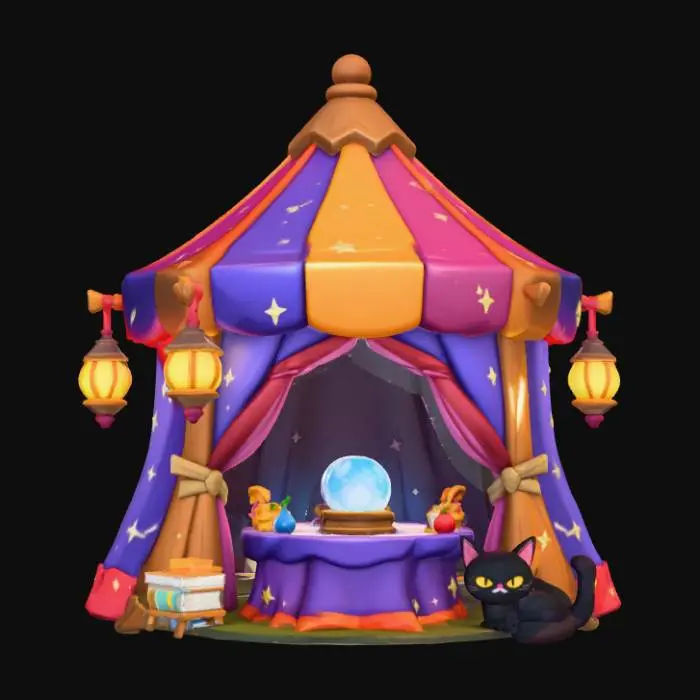 3D model for Chibi Halloween fortune teller tent with glowing crystal ball, black cat, and hanging lanterns. Rounded 3D chibi design, toy-like structure, bold detailing, transparent background. , #Halloween2025#