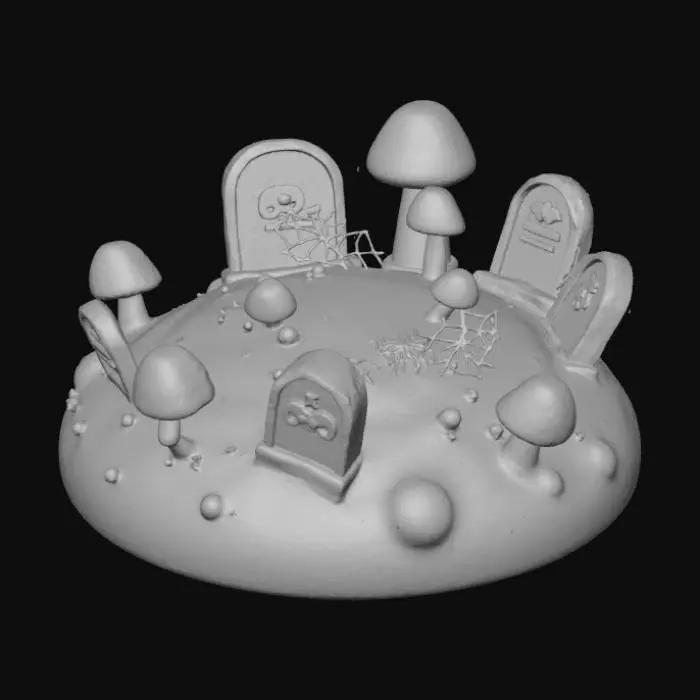 3D model for Small chibi diorama base with tiny cartoon gravestones, glowing mushrooms, and cobwebs. Rounded toy-like 3D details, soft purple and gray tones, whimsical—not scary—feel, transparent background.,  #Halloween2025#