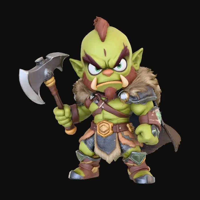 3D model for A 3D image of a chibi style Dungeons & Dragons male half-orc barbarian, holding a battle axe, attack pose, wearing leather armor and a fur cloak, cute features including large eyes, small mouth and nose, highly stylized, highly detailed, bold and thick details optimized for 3D printing. Green background.