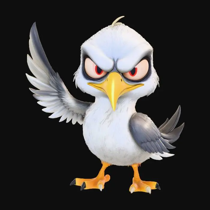 3D model for A 3D image of a chibi-style 
skinny, scrawny seagull villain, menacing pose, highly stylized, thick and bold details, white background.