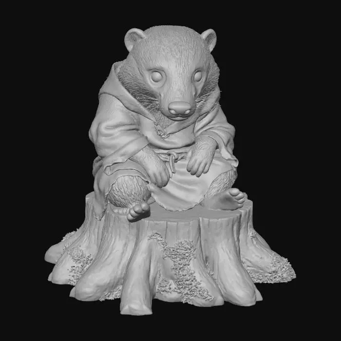 3D model for A 3D image of an elderly badger with stooped posture, wearing medieval peasant robes, sitting on a tree stump, highly stylized, thick and bold details, solid background color.