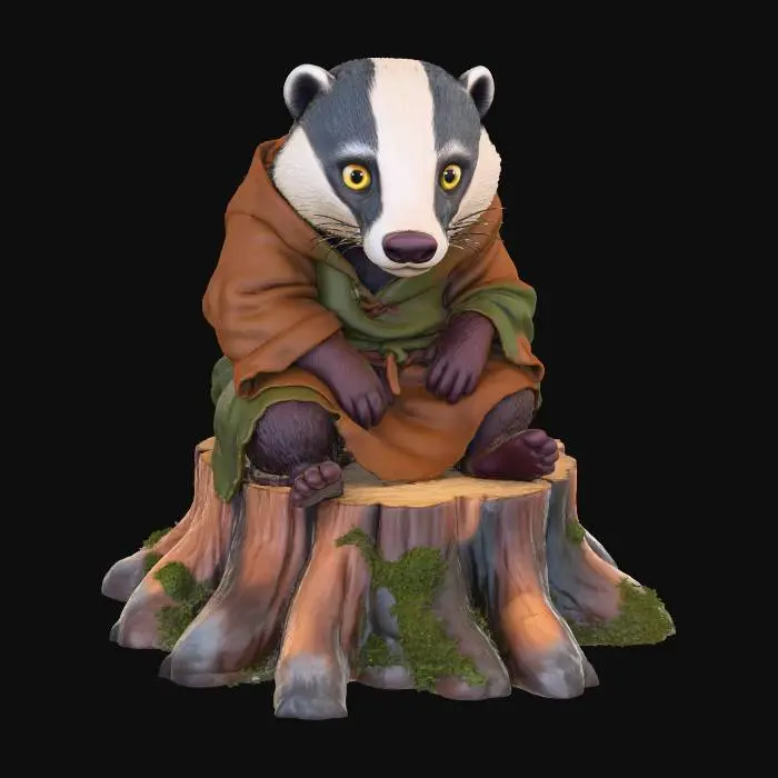 3D model for A 3D image of an elderly badger with stooped posture, wearing medieval peasant robes, sitting on a tree stump, highly stylized, thick and bold details, solid background color.