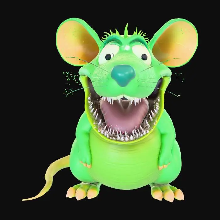 3D model for A 3D image a cartoon-style greenish rat with a mouth like a venus flytrap plant, highly stylized, bold and thick details optimized for 3D printing, hollow interior, solid background color.