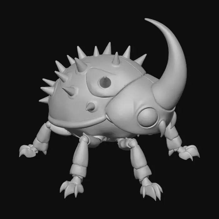 3D model for A 3D image a cartoon-style rhinoceros beetle with spikes on its wing casing, highly stylized, bold and thick details optimized for 3D printing, hollow interior, solid background color.