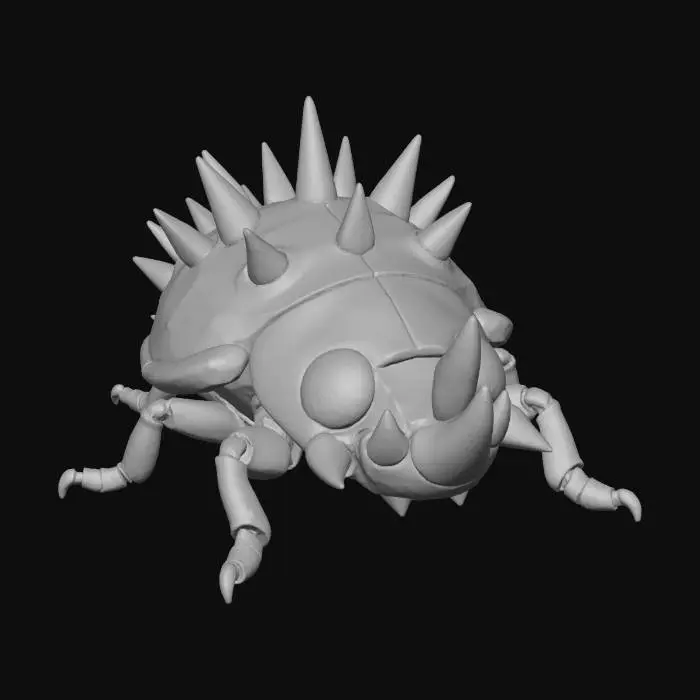 3D model for A 3D image a cartoon-style rhinoceros beetle with spikes on its wing casing, highly stylized, bold and thick details optimized for 3D printing, hollow interior, solid background color.