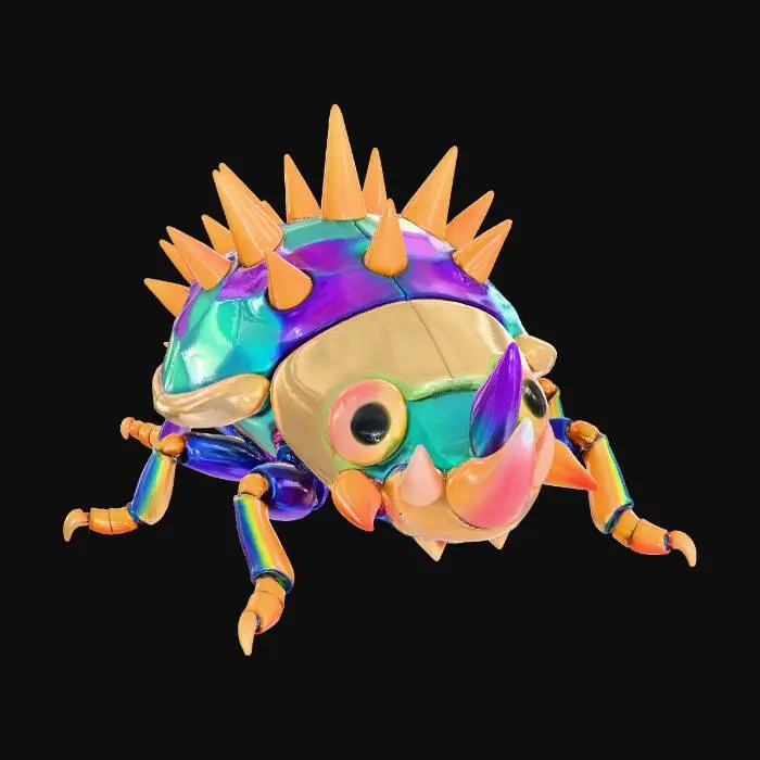 3D model for A 3D image a cartoon-style rhinoceros beetle with spikes on its wing casing, highly stylized, bold and thick details optimized for 3D printing, hollow interior, solid background color.