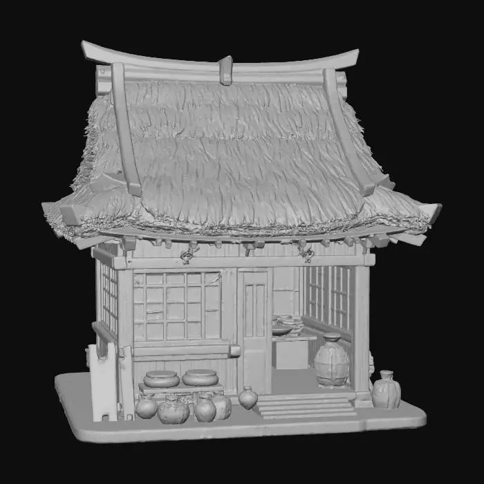 3D model for A 3D image a a traditional rural Japanese village shop, highly stylized, simple, bold and thick details optimized for 3D printing, hollow interior, solid background color.