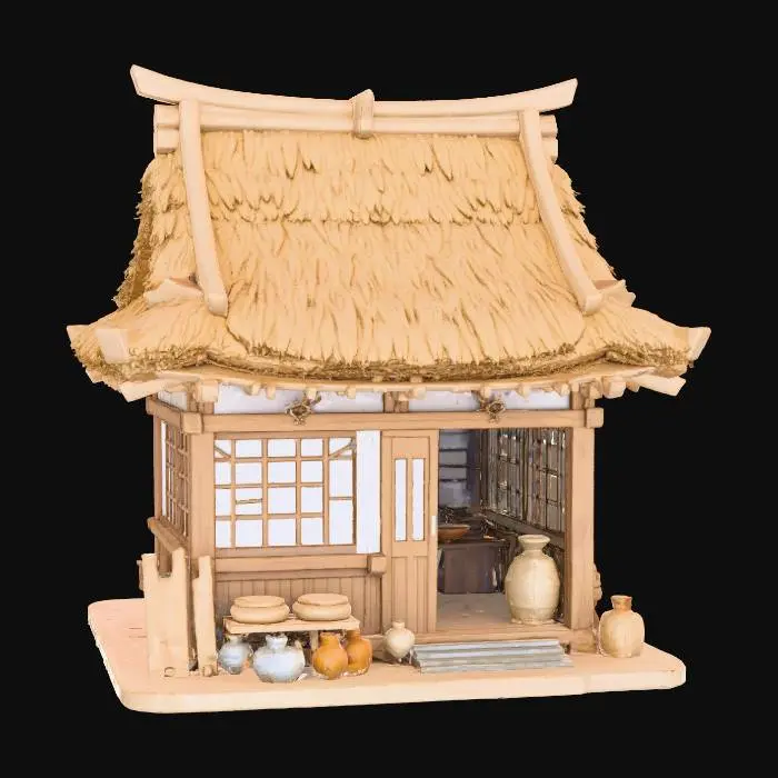 3D model for A 3D image a a traditional rural Japanese village shop, highly stylized, simple, bold and thick details optimized for 3D printing, hollow interior, solid background color.