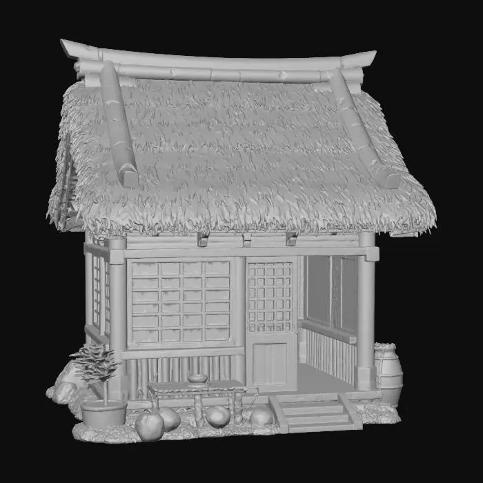 3D model for A 3D image a a traditional rural Japanese village shop, highly stylized, simple, bold and thick details optimized for 3D printing, hollow interior, solid background color.