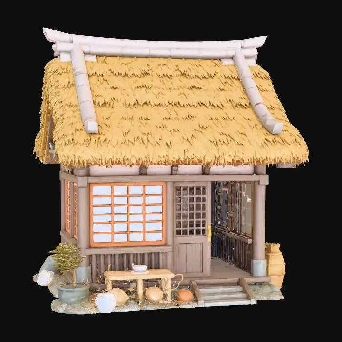 3D model for A 3D image a a traditional rural Japanese village shop, highly stylized, simple, bold and thick details optimized for 3D printing, hollow interior, solid background color.