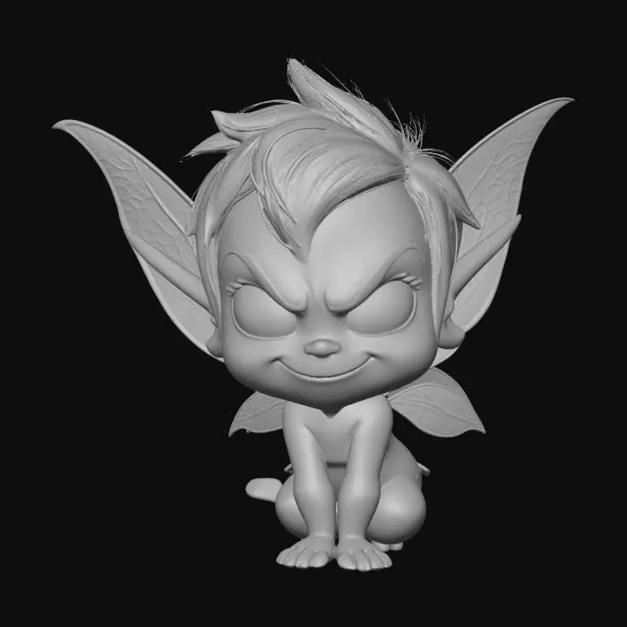 3D model for A 3D image of a chibi-style pixie, green tinted skin, large eyes, mischievous expression, highly stylized, thick and bold details, solid colored background.