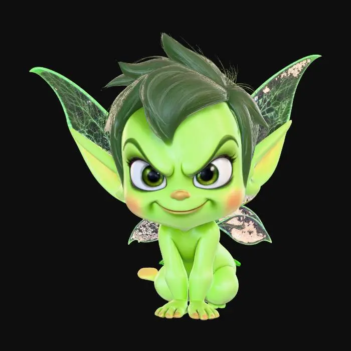 3D model for A 3D image of a chibi-style pixie, green tinted skin, large eyes, mischievous expression, highly stylized, thick and bold details, solid colored background.