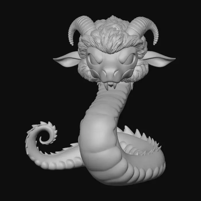 3D model for A 3D image of a chibi-style serpentine sheep dragon, long and thing, wooly white skin, black head and face, sharp teeth, curled horns, no wings or legs, highly stylized, thick and bold details, solid colored background.