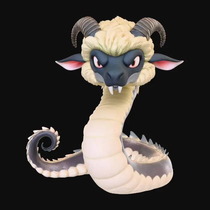 3D model for A 3D image of a chibi-style serpentine sheep dragon, long and thing, wooly white skin, black head and face, sharp teeth, curled horns, no wings or legs, highly stylized, thick and bold details, solid colored background.