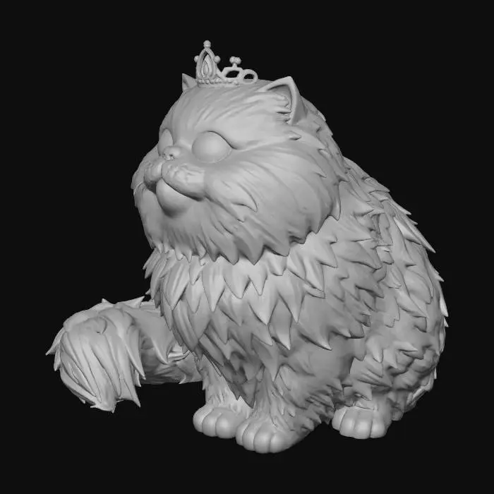 3D model for A 3D image of a  pixar-like calico persian show cat wearing a tiara, highly stylized, thick and bold details, solid colored background.