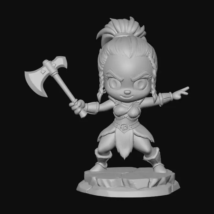 3D model for A 3D image of a chibi-style Dungeons & Dragons female African-American barbarian wearing hide armor, large eyes, fierce expression, holding a battle axe mid-swing, attack pose, standing on a round rocky base, highly stylized, bold and thick details, solid colored background.