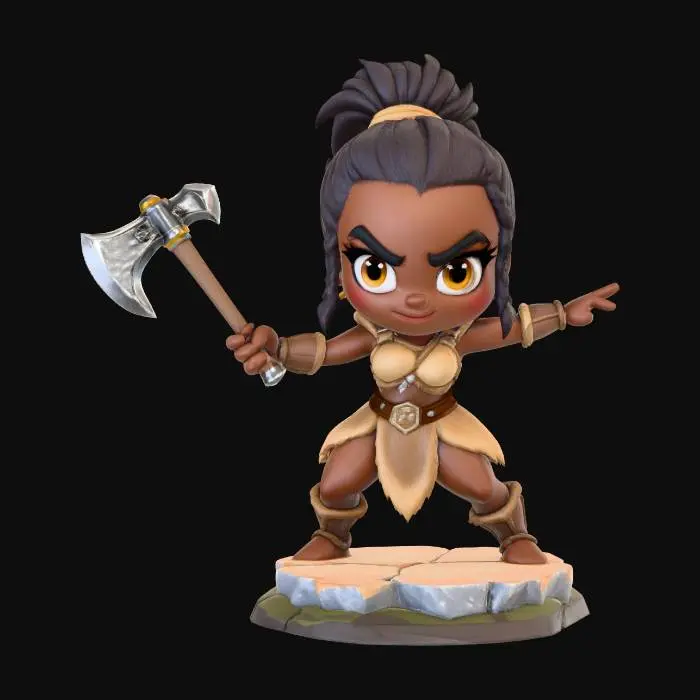 3D model for A 3D image of a chibi-style Dungeons & Dragons female African-American barbarian wearing hide armor, large eyes, fierce expression, holding a battle axe mid-swing, attack pose, standing on a round rocky base, highly stylized, bold and thick details, solid colored background.
