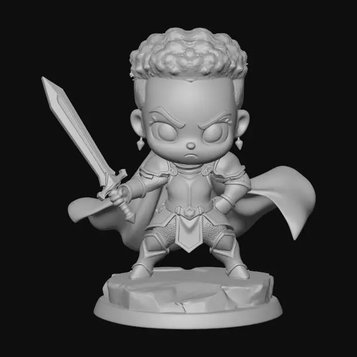 3D model for A 3D image of a chibi-style Dungeons & Dragons female African-American Paladin wearing plate mail armor and a blue cape, large eyes, fierce expression, holding a sword mid-swing, attack pose, standing on a round rocky base, highly stylized, bold and thick details, solid colored background.