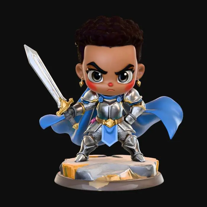 3D model for A 3D image of a chibi-style Dungeons & Dragons female African-American Paladin wearing plate mail armor and a blue cape, large eyes, fierce expression, holding a sword mid-swing, attack pose, standing on a round rocky base, highly stylized, bold and thick details, solid colored background.