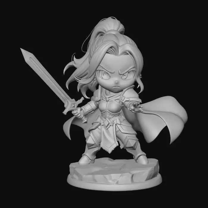 3D model for A 3D image of a chibi-style Dungeons & Dragons female Latinx Paladin wearing plate mail armor and a blue cape, large eyes, fierce expression, holding a sword mid-swing, attack pose, standing on a round rocky base, highly stylized, bold and thick details, solid colored background.