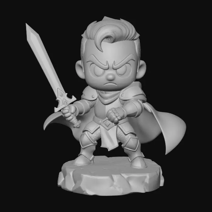 3D model for A 3D image of a chibi-style Dungeons & Dragons male Latinx Paladin wearing plate mail armor and a blue cape, large eyes, fierce expression, holding a sword mid-swing, attack pose, standing on a round rocky base, highly stylized, bold and thick details, solid colored background.