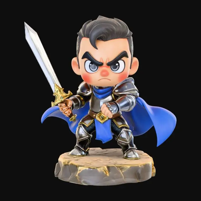 3D model for A 3D image of a chibi-style Dungeons & Dragons male Latinx Paladin wearing plate mail armor and a blue cape, large eyes, fierce expression, holding a sword mid-swing, attack pose, standing on a round rocky base, highly stylized, bold and thick details, solid colored background.