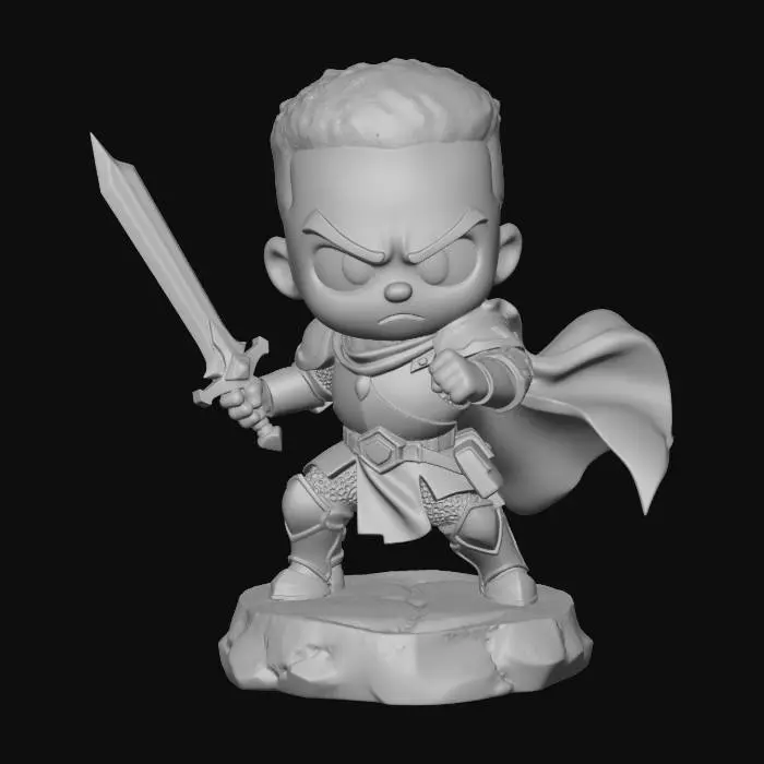3D model for A 3D image of a chibi-style Dungeons & Dragons male African-American Paladin wearing plate mail armor and a blue cape, large eyes, fierce expression, holding a sword mid-swing, attack pose, standing on a round rocky base, highly stylized, bold and thick details, solid colored background.