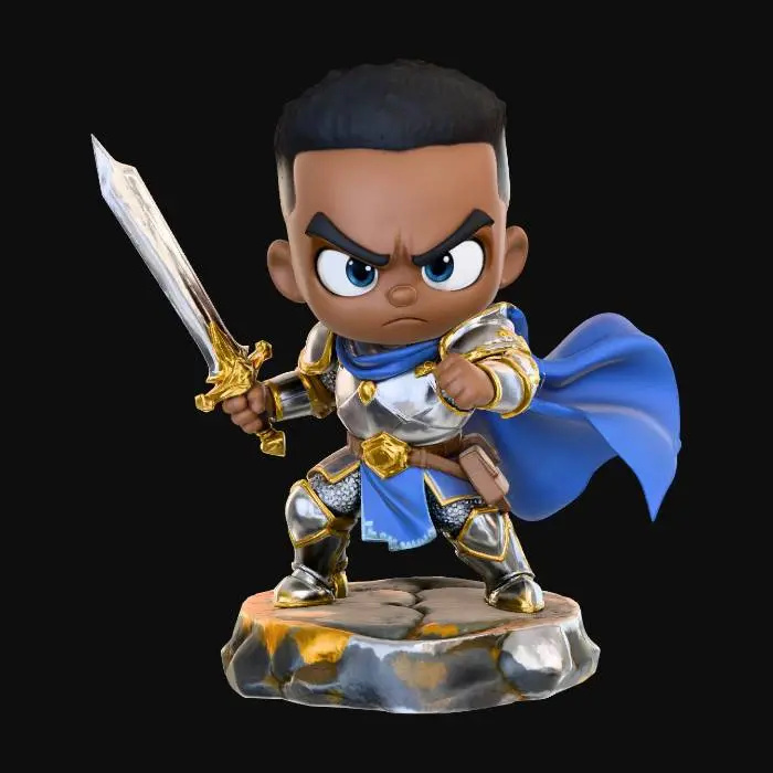 3D model for A 3D image of a chibi-style Dungeons & Dragons male African-American Paladin wearing plate mail armor and a blue cape, large eyes, fierce expression, holding a sword mid-swing, attack pose, standing on a round rocky base, highly stylized, bold and thick details, solid colored background.