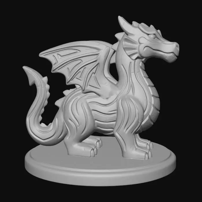 3D model for A 3D image of a simple wooden carved dragon shape standing on a round base.  Thick and bold details.  Deeply etched and embossed details. Solid colored background.