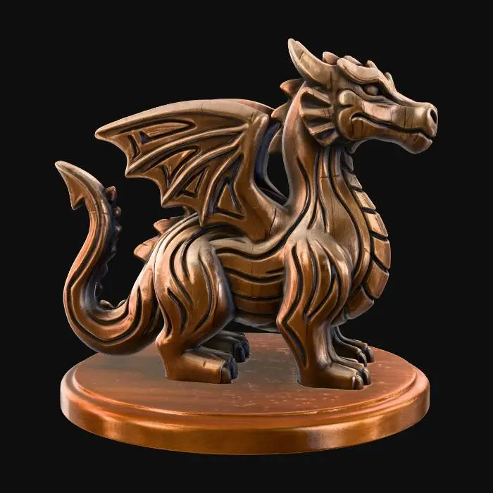3D model for A 3D image of a simple wooden carved dragon shape standing on a round base.  Thick and bold details.  Deeply etched and embossed details. Solid colored background.