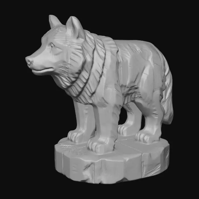 3D model for A 3D image of a simple wooden carved wolf shape, chunky, roughly carved, standing on a round base. Thick and bold details. Deeply etched and embossed details. Solid colored background.