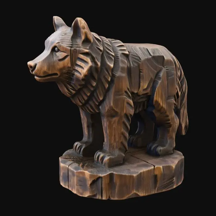 3D model for A 3D image of a simple wooden carved wolf shape, chunky, roughly carved, standing on a round base. Thick and bold details. Deeply etched and embossed details. Solid colored background.