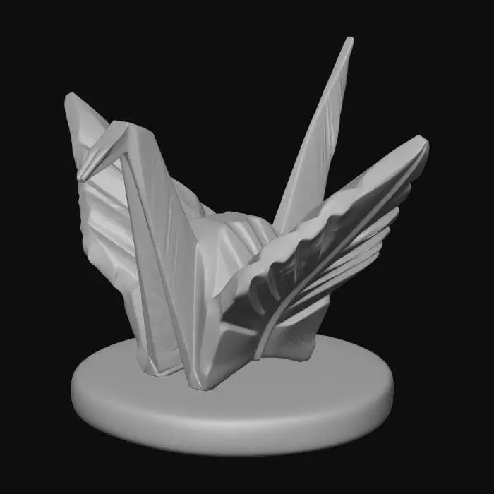 3D model for A 3D image of a simple wooden carved paper crane, chunky, roughly carved, standing on a round base.  Thick and bold details.  Deeply etched and embossed details. Solid colored background.