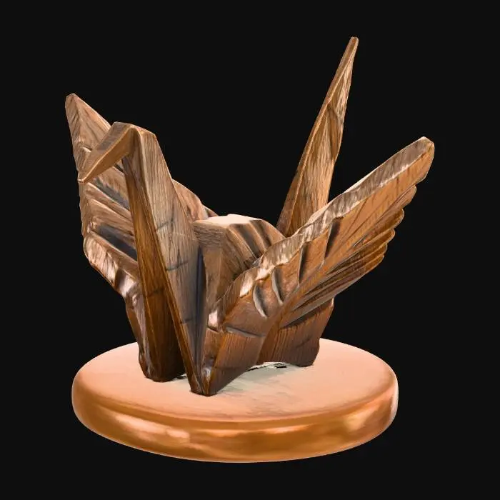 3D model for A 3D image of a simple wooden carved paper crane, chunky, roughly carved, standing on a round base.  Thick and bold details.  Deeply etched and embossed details. Solid colored background.