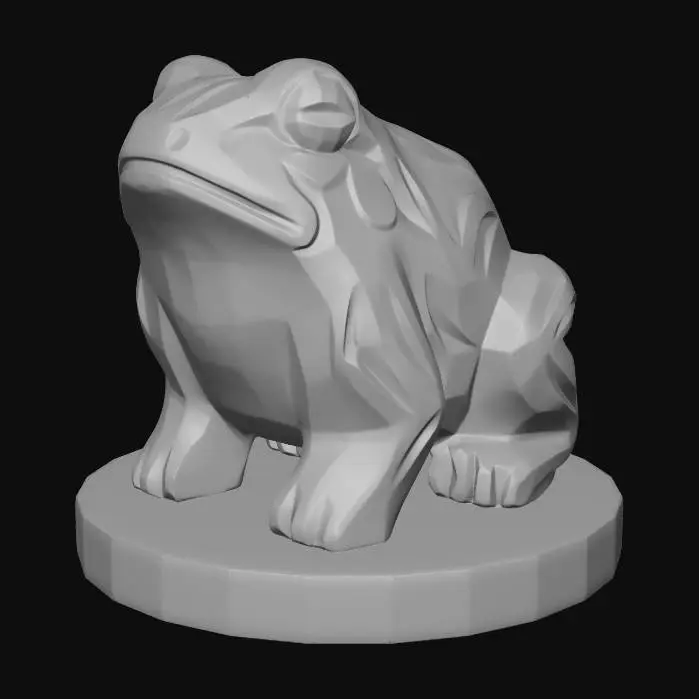 3D model for A 3D image of a simple wooden carved frog shape, chunky, roughly carved, standing on a round base.  Thick and bold details.  Deeply etched and embossed details. Solid colored background.