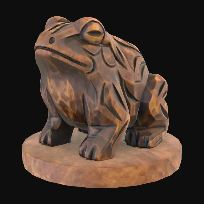 3D model for A 3D image of a simple wooden carved frog shape, chunky, roughly carved, standing on a round base.  Thick and bold details.  Deeply etched and embossed details. Solid colored background.