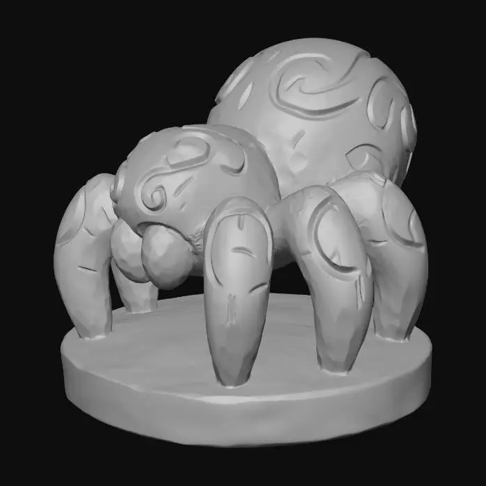 3D model for A 3D image of a simple wooden carved spider shape, chunky, roughly carved, standing on a round base.  Thick and bold details.  Deeply etched and embossed details. Solid colored background.