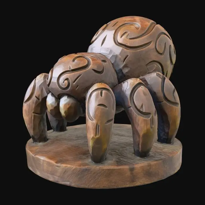 3D model for A 3D image of a simple wooden carved spider shape, chunky, roughly carved, standing on a round base.  Thick and bold details.  Deeply etched and embossed details. Solid colored background.