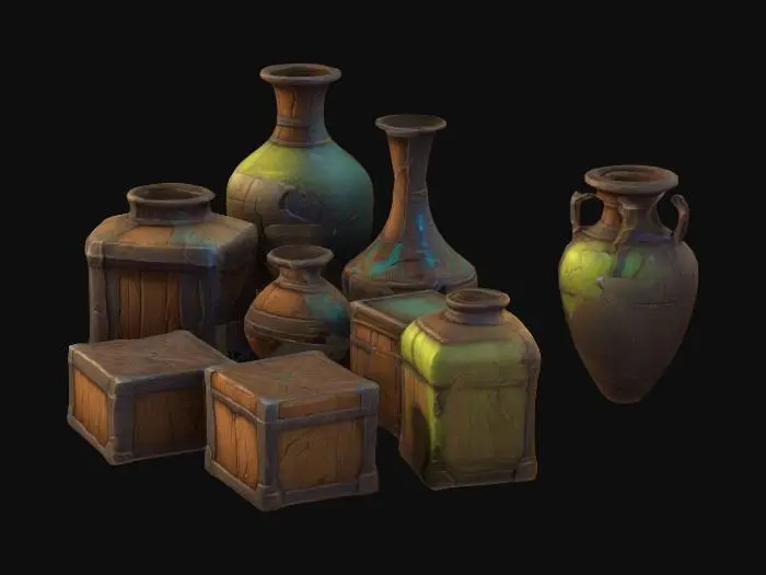 3D model for An assortment of vases and boxes, Stylized video game asset, world of warcraft art style