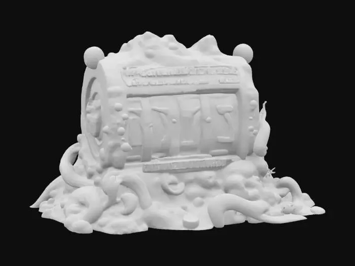 3D model for A dark and mystical casino slot machine fit for the sea witch of The Little Mermaid, made of rugged ocean rock. The casino slot machine has a rough, jagged stone texture, with tentacle-like carvings wrapping around its frame. resemble sea creature claws, adorned with eerie glowing gemstones. The casino slot machine is surrounded by deep-sea elements like seaweed, coral, and eerie bioluminescent plants, creating an ominous underwater atmosphere.